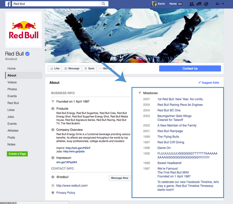 Milestones su Pagina Facebook Aziendale: il caso Red Bull ci dà lezioni di marketing