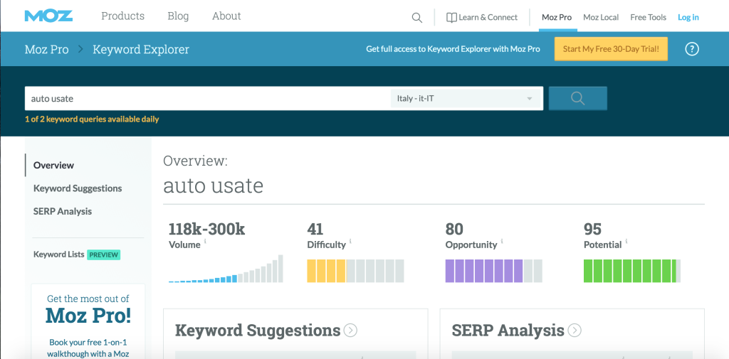 Keyword Explorer - Tool di Moz per l'analisi delle keyword